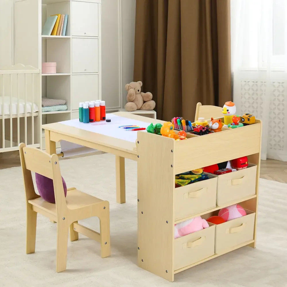 Kids Art Table with 2 wooden Chairs and Storage Shelves.