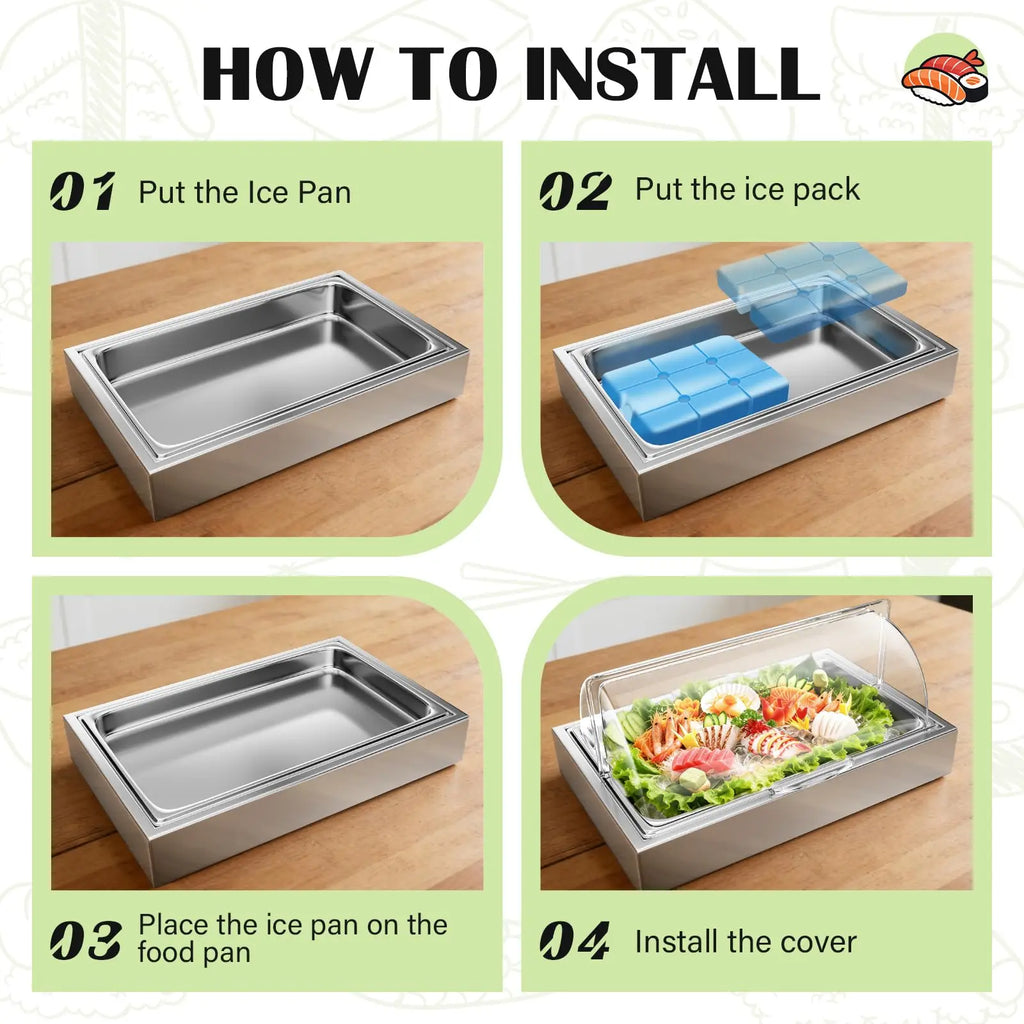 Ice Food Serving Display Tray with Clear Roll Top Cover