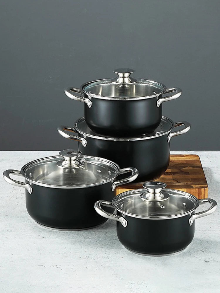 8Pcs Stainless Steel Cookware Set Anti-Scratch Universal Cooking Pot Combination Stockpot Cookware Suit for Soup Cooking Stove