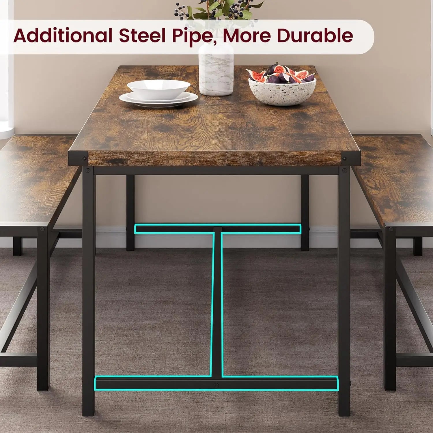 Rectangular Dining Table Set for 4, with 2 Metal Wood Benches