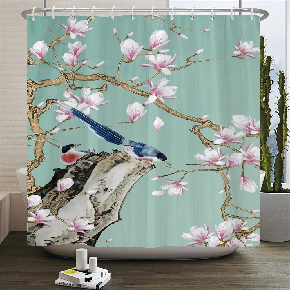 Chinese Style Flower and Birds Tree Shower Curtains