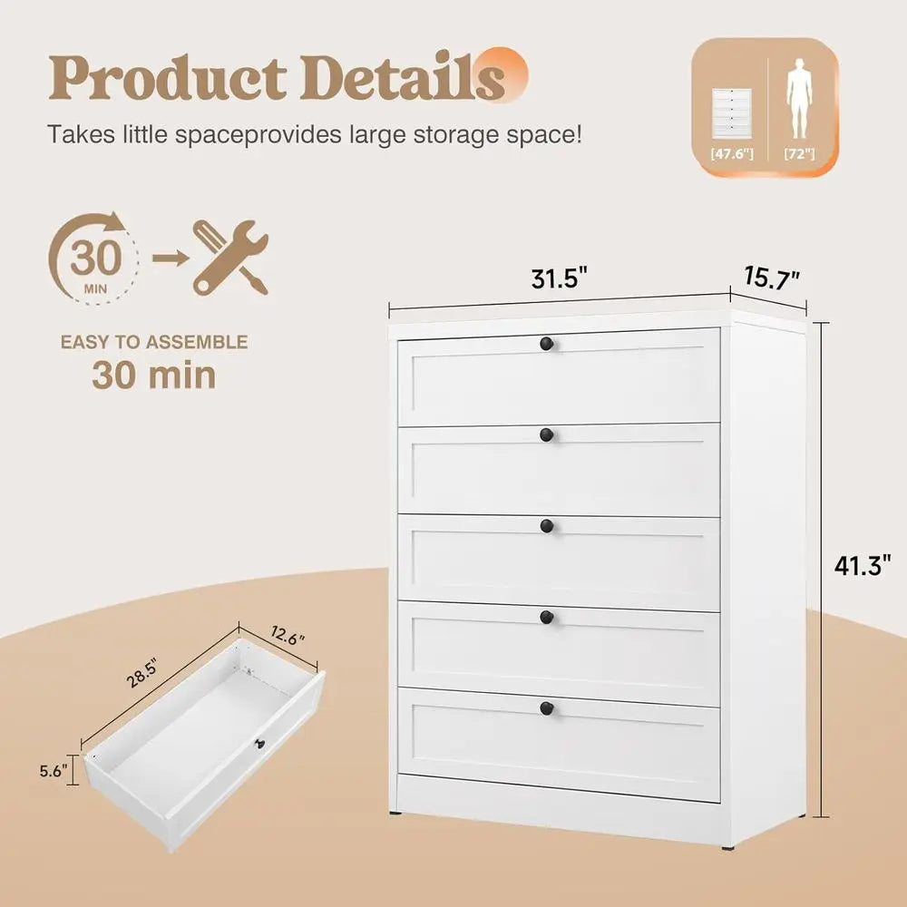Elegant Tall White Drawer Unit with 5 Metal Closet Drawers, Ideal for Bedroom, Entryway Storage Solutions