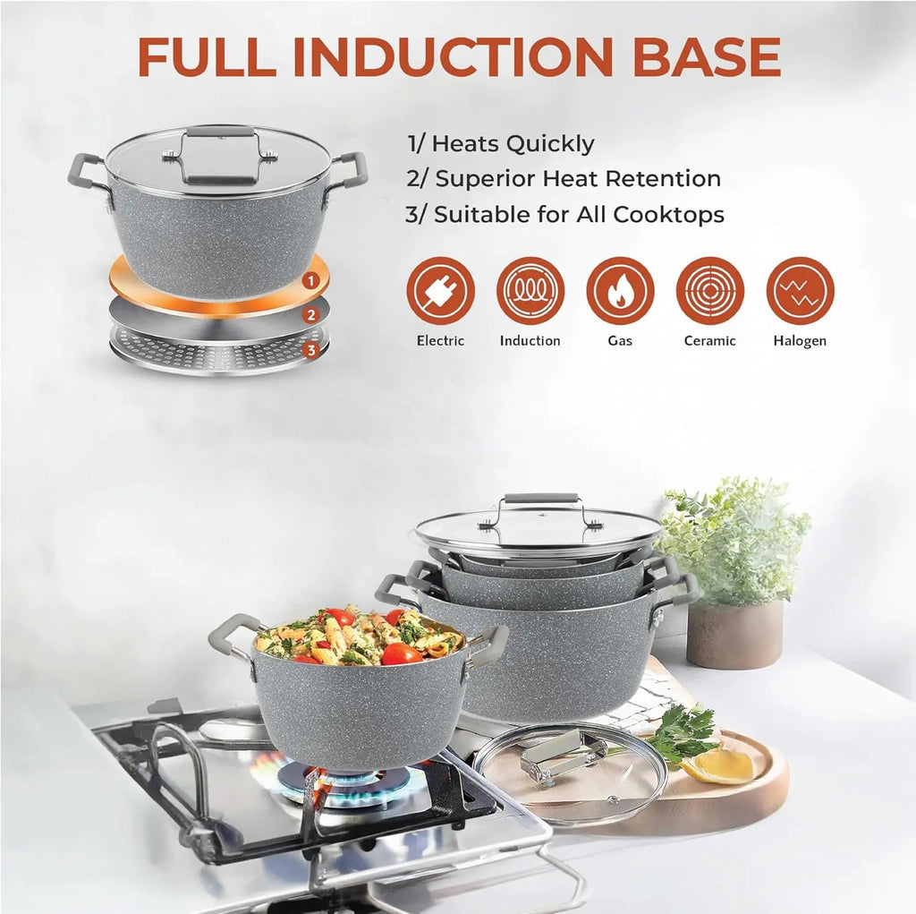 Nonstick Pots and Pans Set, 6 Piece Stackable Cookware with Lids, Stay Cool Handles Dishwasher Safe