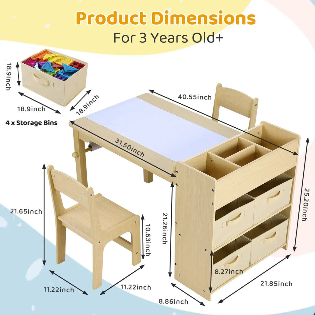 Kids Art Table with 2 wooden Chairs and Storage Shelves.