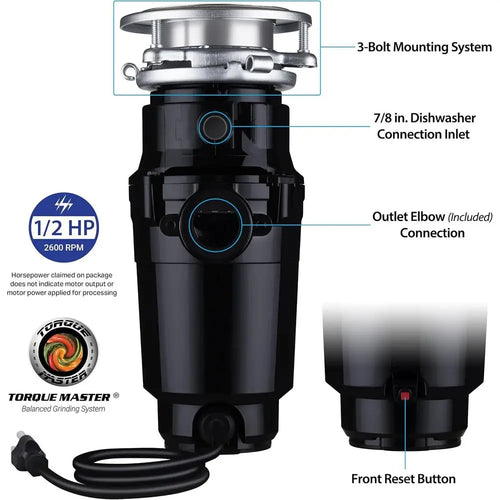 1/2 HP Stainless Steel Garbage Disposal System, Anti-Jam, Economical, Black