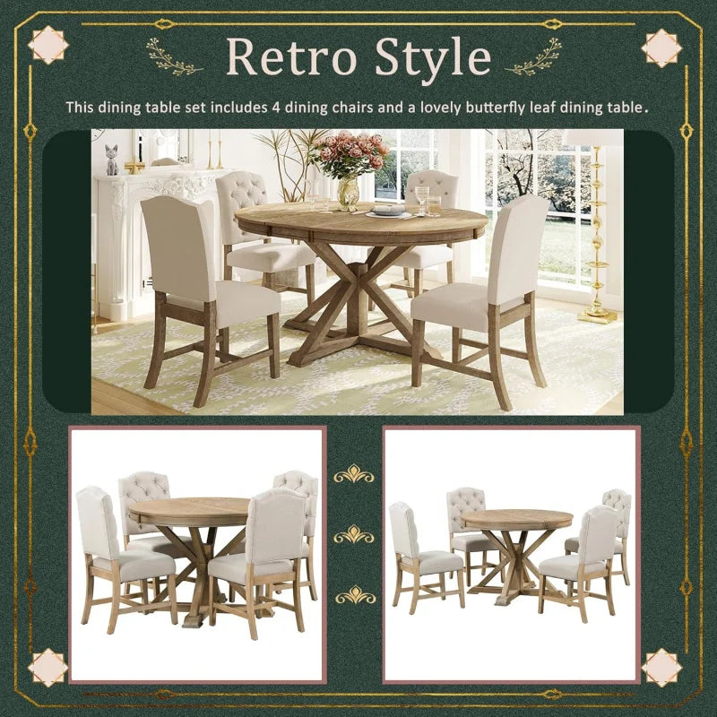 5-Piece Solid Wood Extendable Round Kitchen Table Set with 4