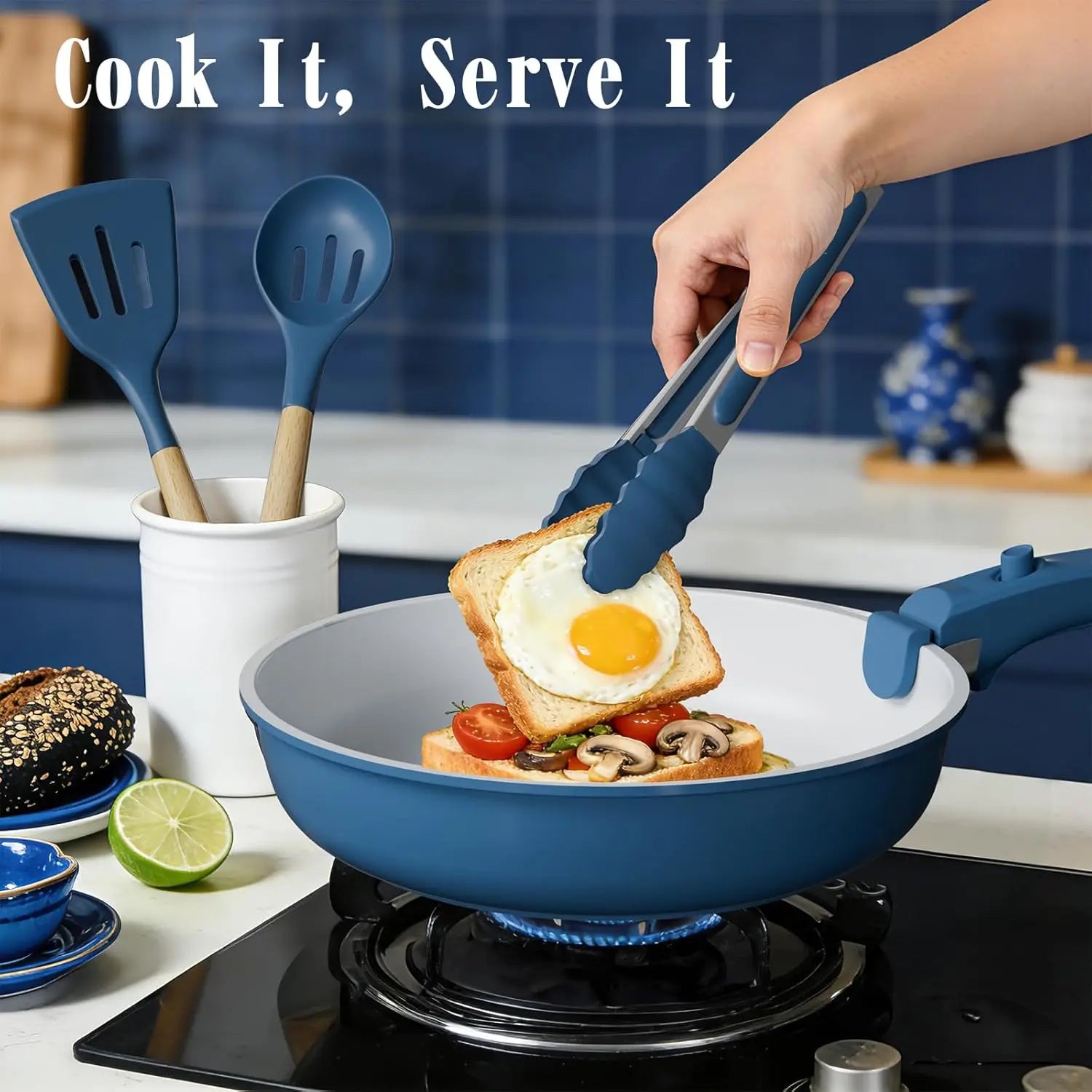 Non Stick Pots and Pans Set, 21 Pcs Ceramic Cookware with Detachable Handles