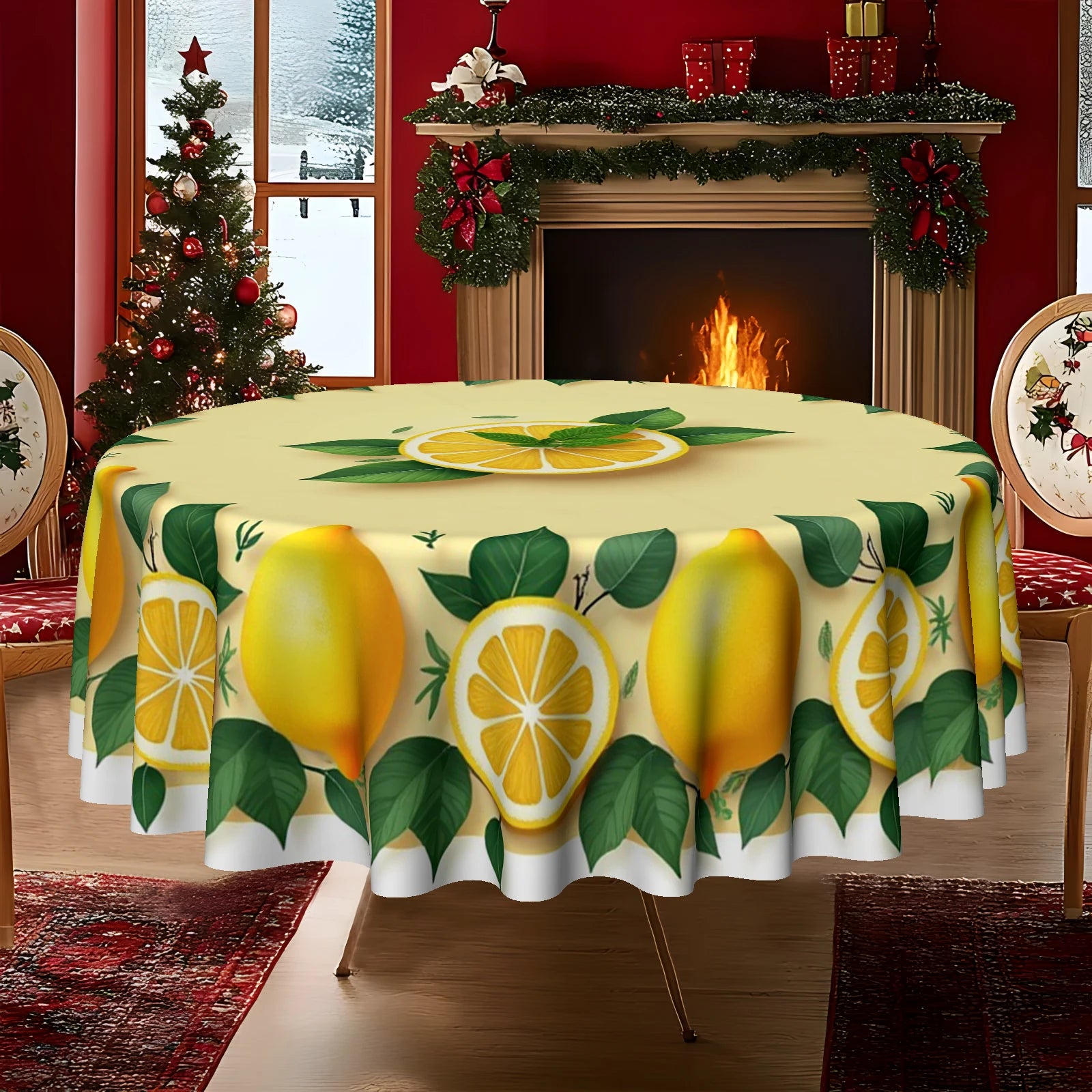 Lemons Theme Orange Green Leaves Tablecloth