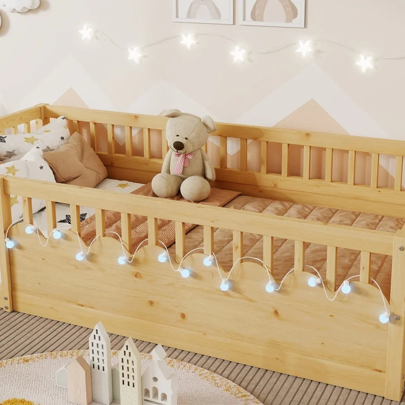Wooden Kids Bed with Light and Storage Shelf