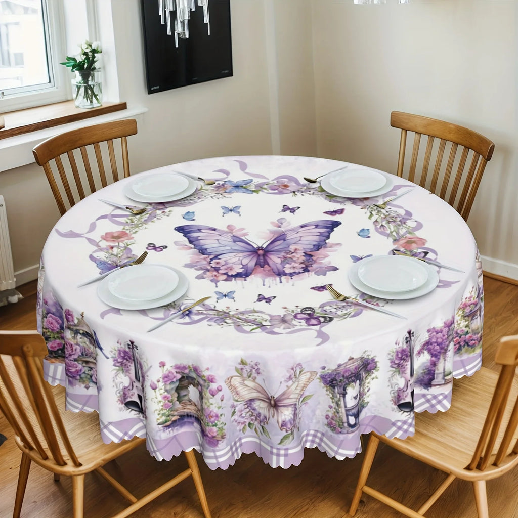 Purple Floral/Butterfly Round Tablecloth