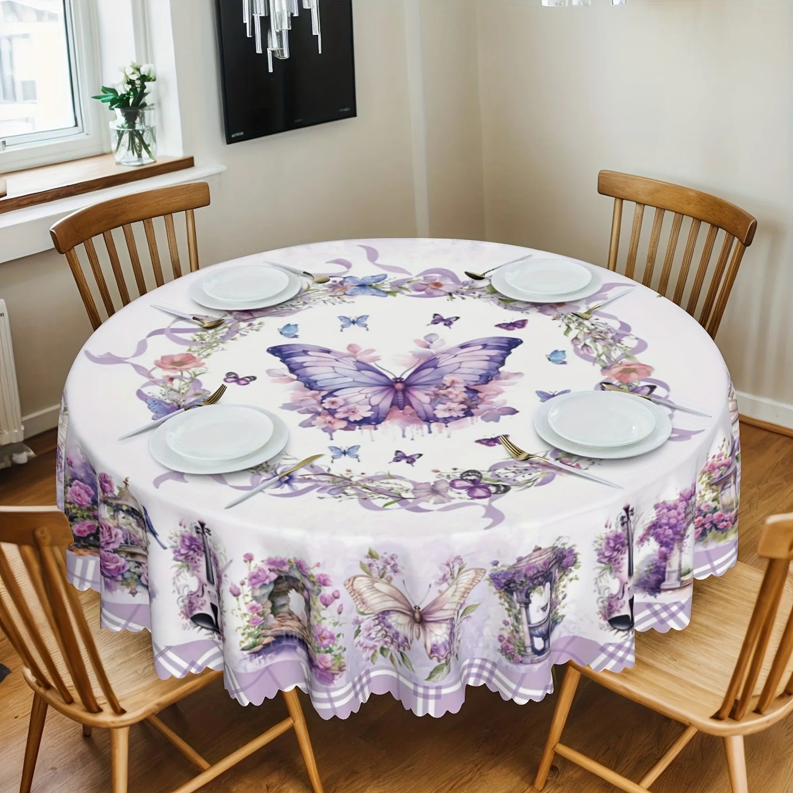 Purple Floral/Butterfly Round Tablecloth