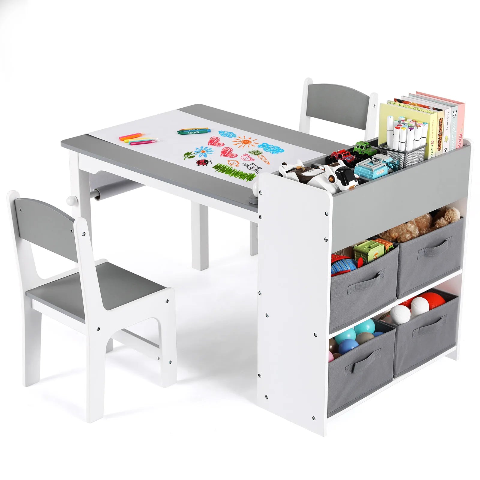 Kids Art Table with 2 wooden Chairs and Storage Shelves.