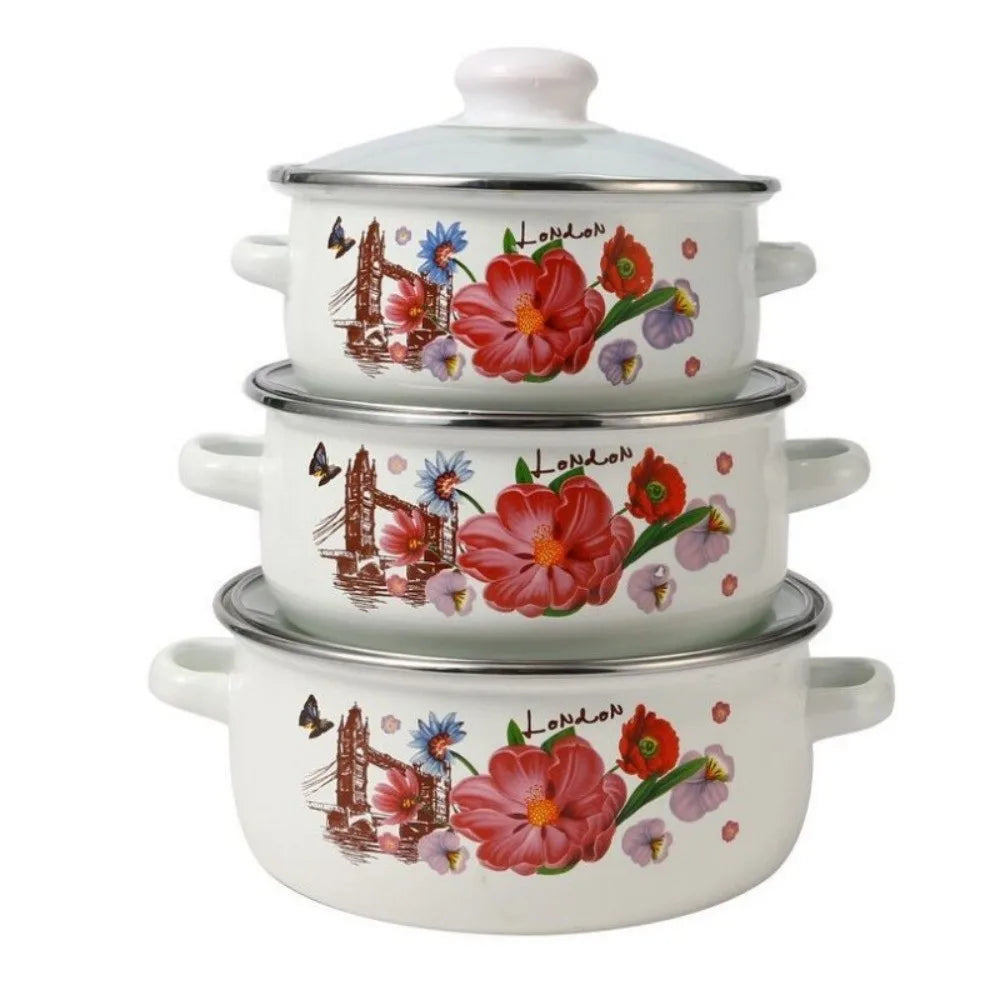 3pcs 16/18/20cm Pot Visible with Lid Kitchen Cookware Set Multi-Purpose Floral Cooking Tools Gas Induction Cooker