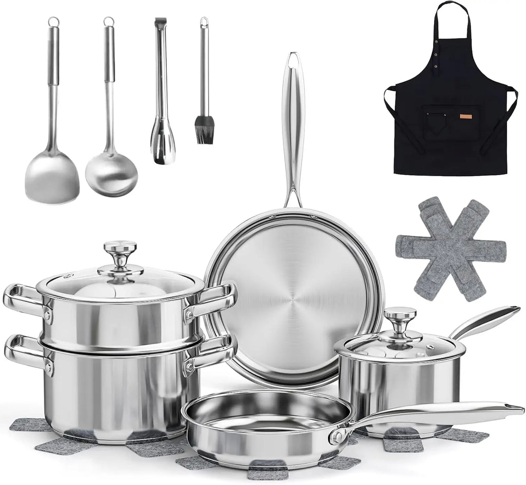16PCs Stainless Steel Cookware Set with Steamer