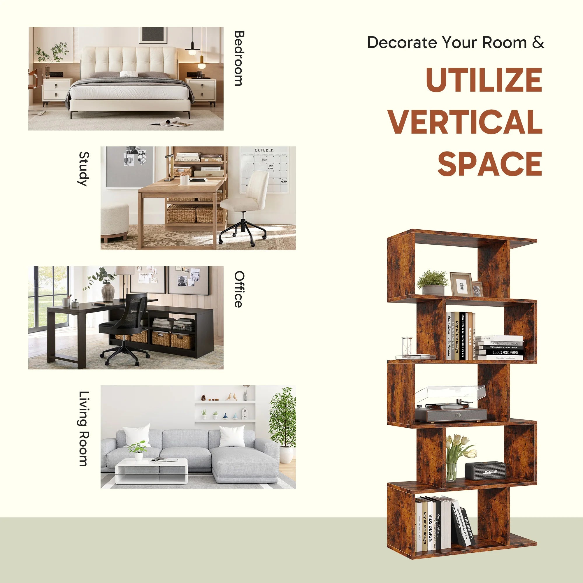 5 Tier S-Shaped Geometric Bookcase