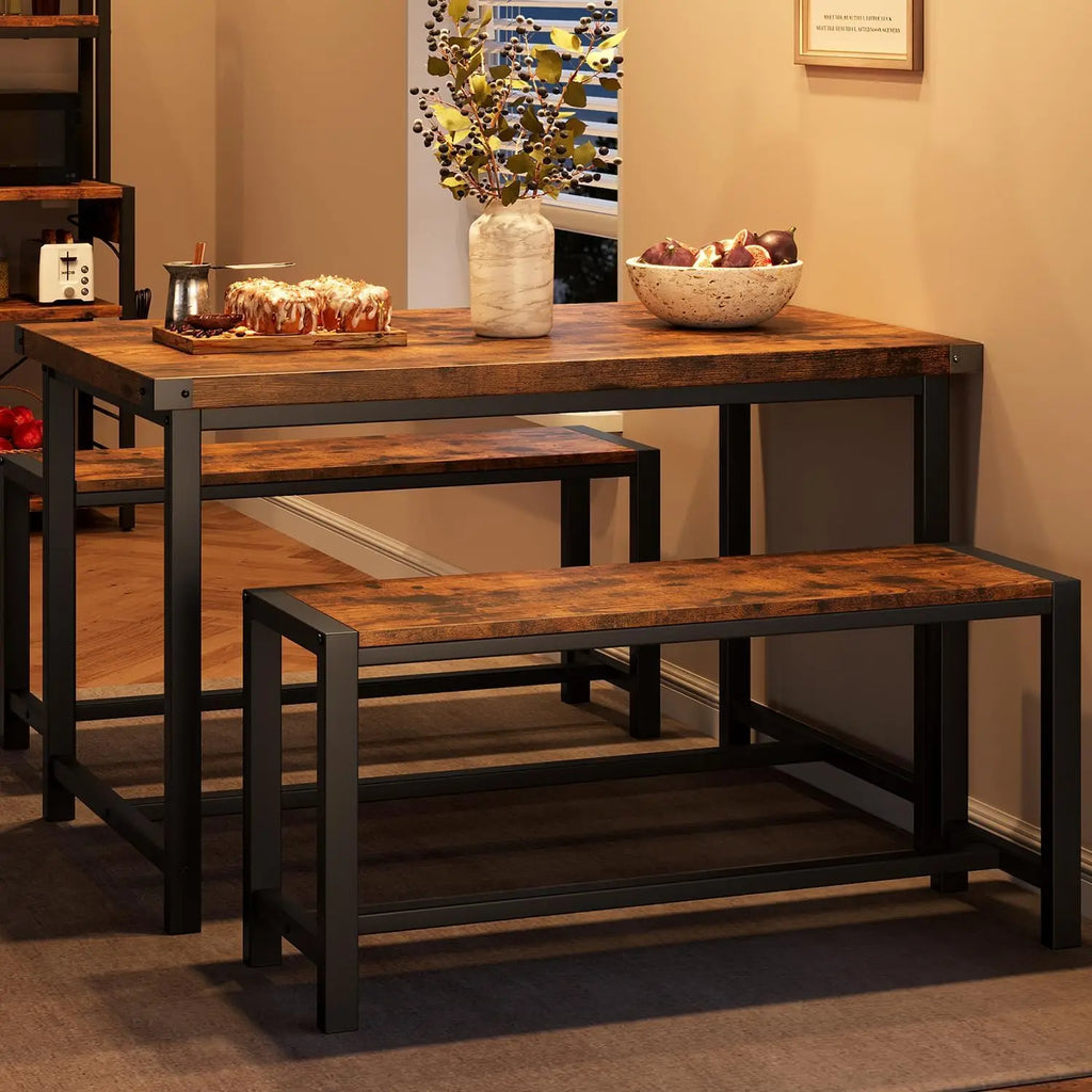Rectangular Dining Table Set for 4, with 2 Metal Wood Benches