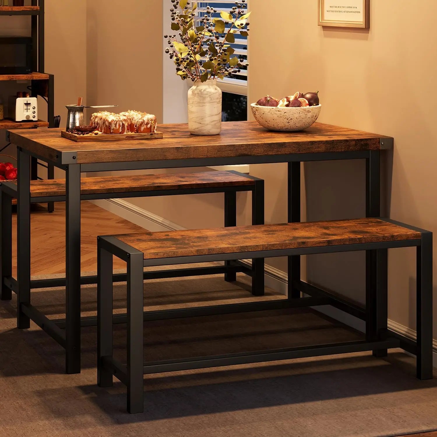 Rectangular Dining Table Set for 4, with 2 Metal Wood Benches