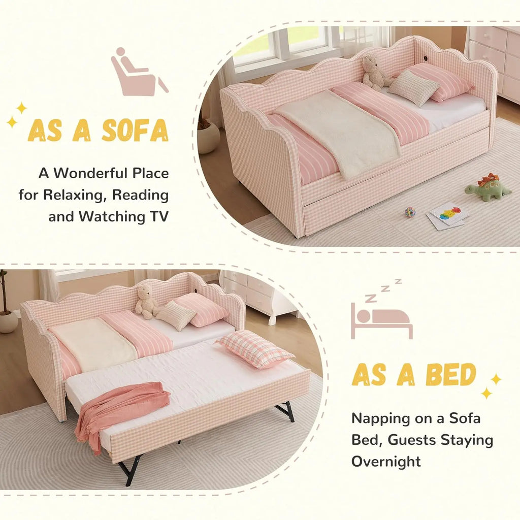 Twin Upholstered Daybed Extendable Linen Sofa Bed