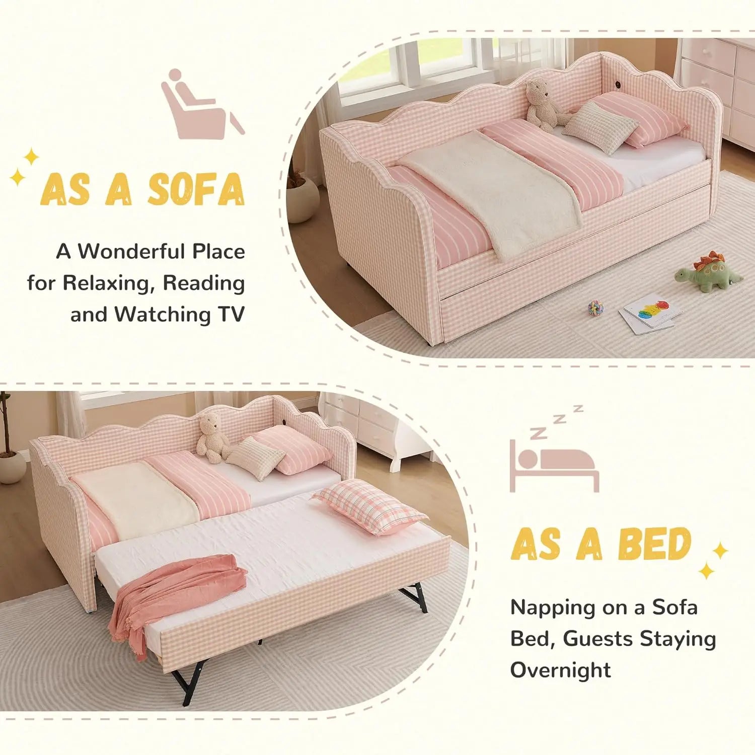 Twin Upholstered Daybed Extendable Linen Sofa Bed