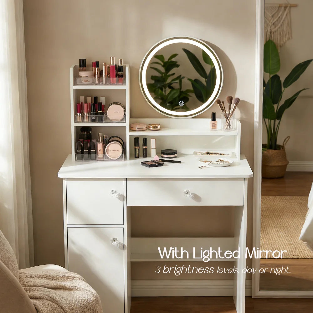 White Crystal Handles Vanity Table