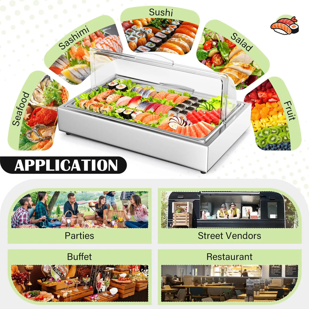 Ice Food Serving Display Tray with Clear Roll Top Cover