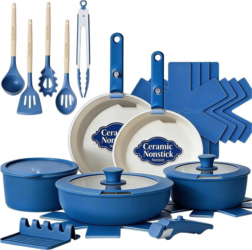 Non Stick Pots and Pans Set, 21 Pcs Ceramic Cookware with Detachable Handles