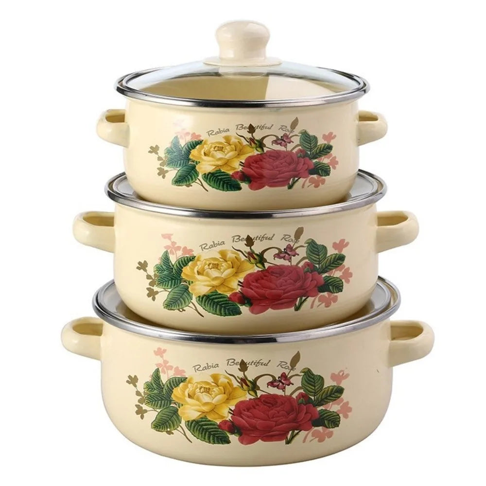 3pcs 16/18/20cm Pot Visible with Lid Kitchen Cookware Set Multi-Purpose Floral Cooking Tools Gas Induction Cooker
