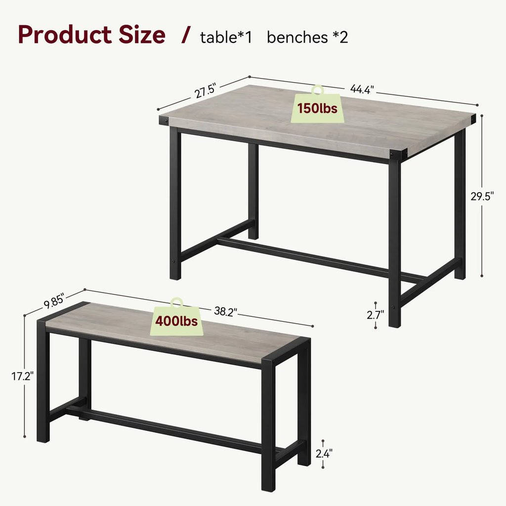 Rectangular Dining Table Set for 4, with 2 Metal Wood Benches