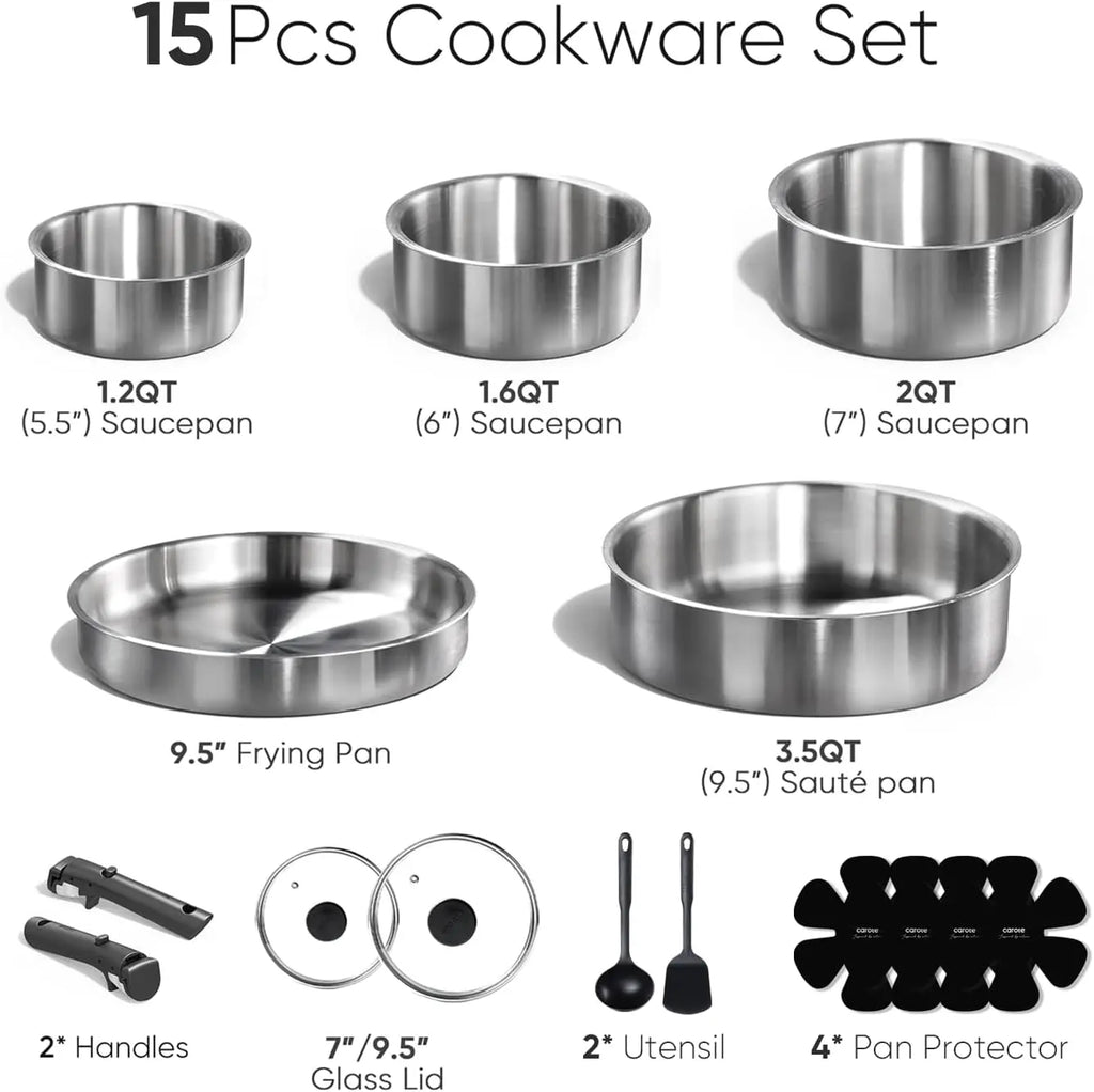 15pcs Stainless Steel Cookware Set Detachable Handle