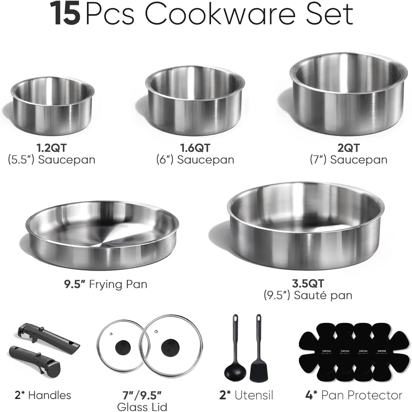 15pcs Stainless Steel Cookware Set Detachable Handle