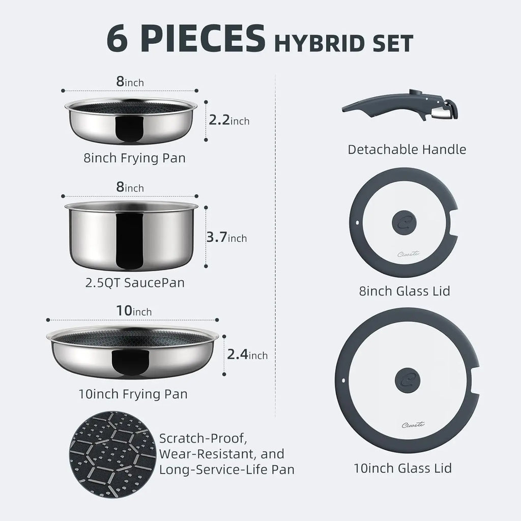 6-Piece Hybrid Stainless Steel Cookware Set with Lids and Detachable Handle