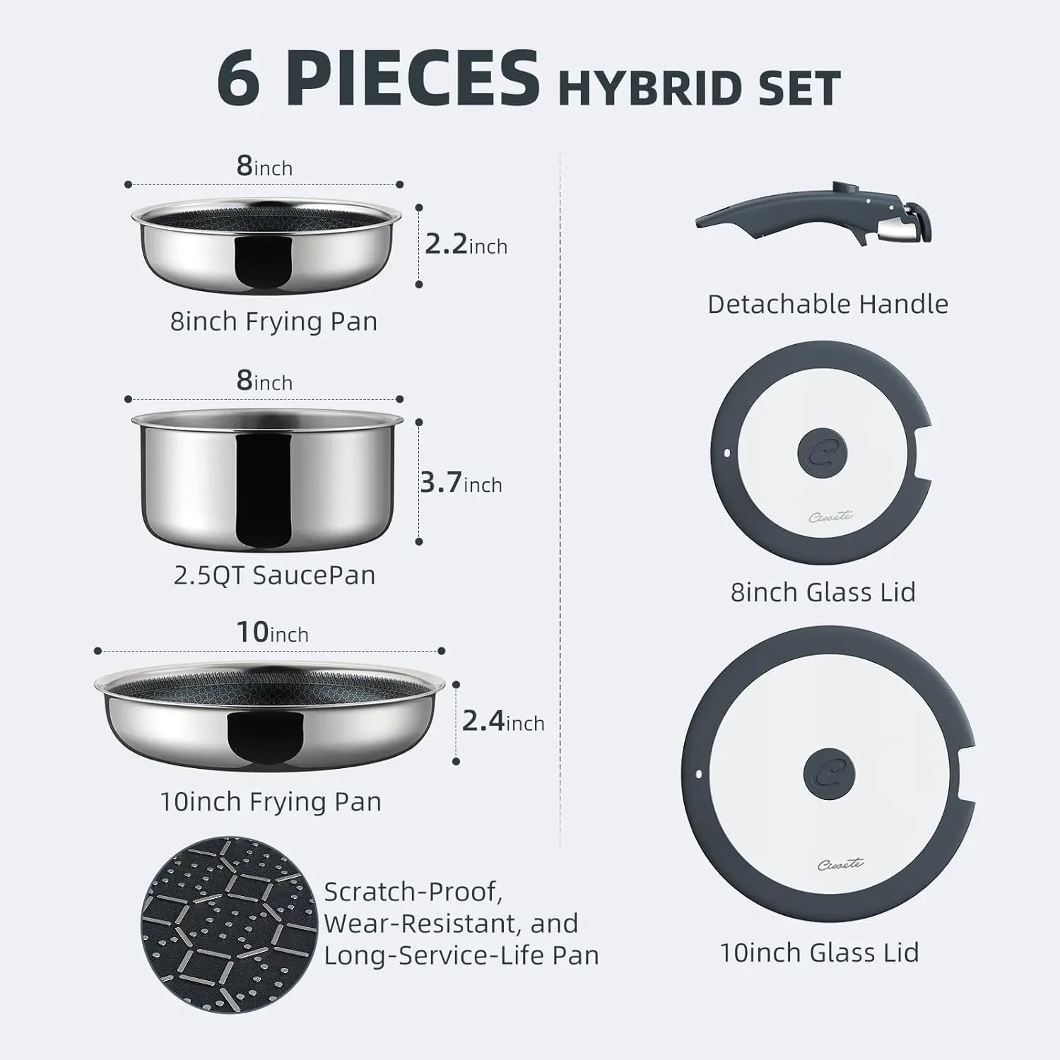 6-Piece Hybrid Stainless Steel Cookware Set with Lids and Detachable Handle