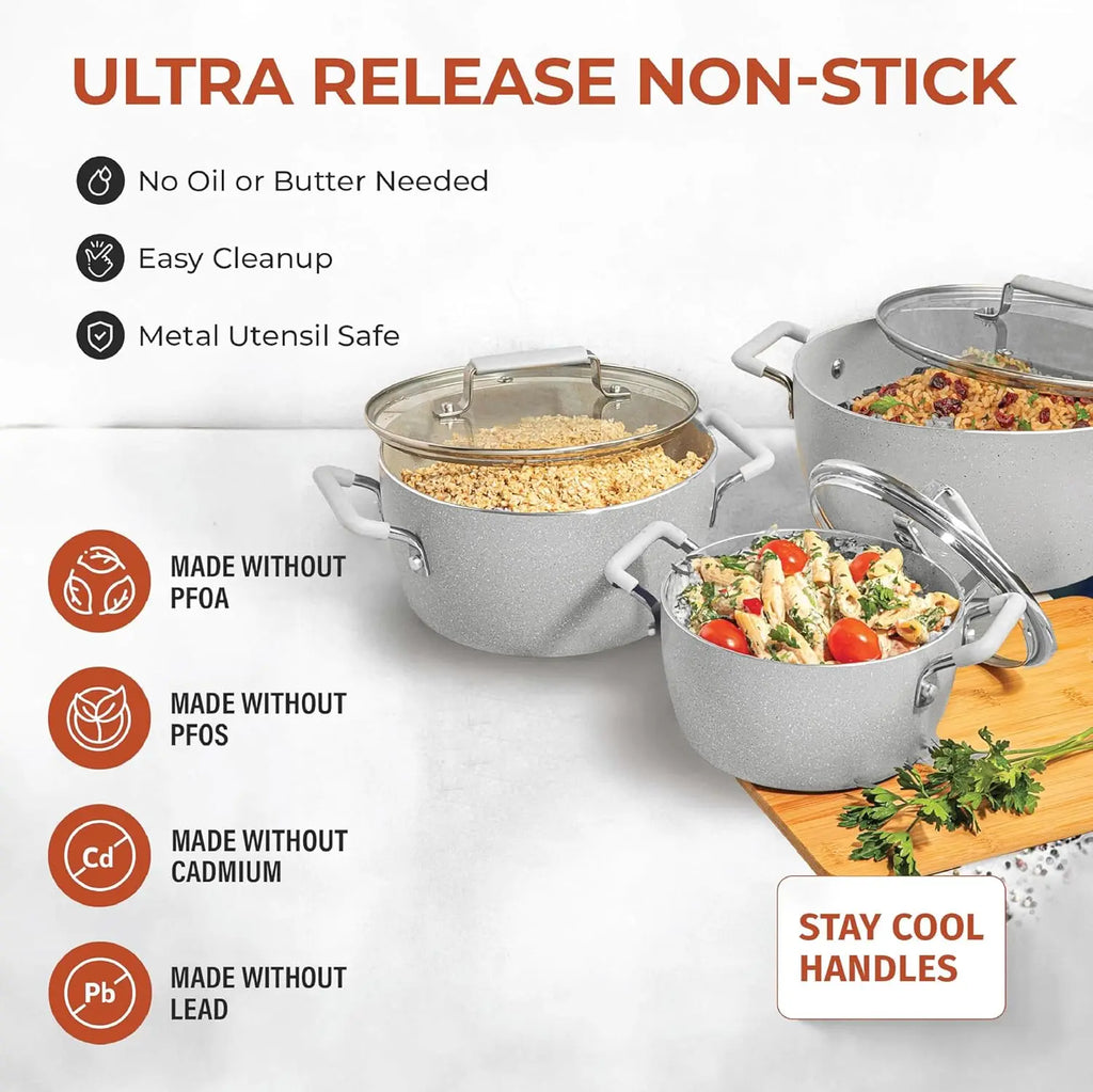Nonstick Pots and Pans Set, 6 Piece Stackable Cookware with Lids, Stay Cool Handles Dishwasher Safe