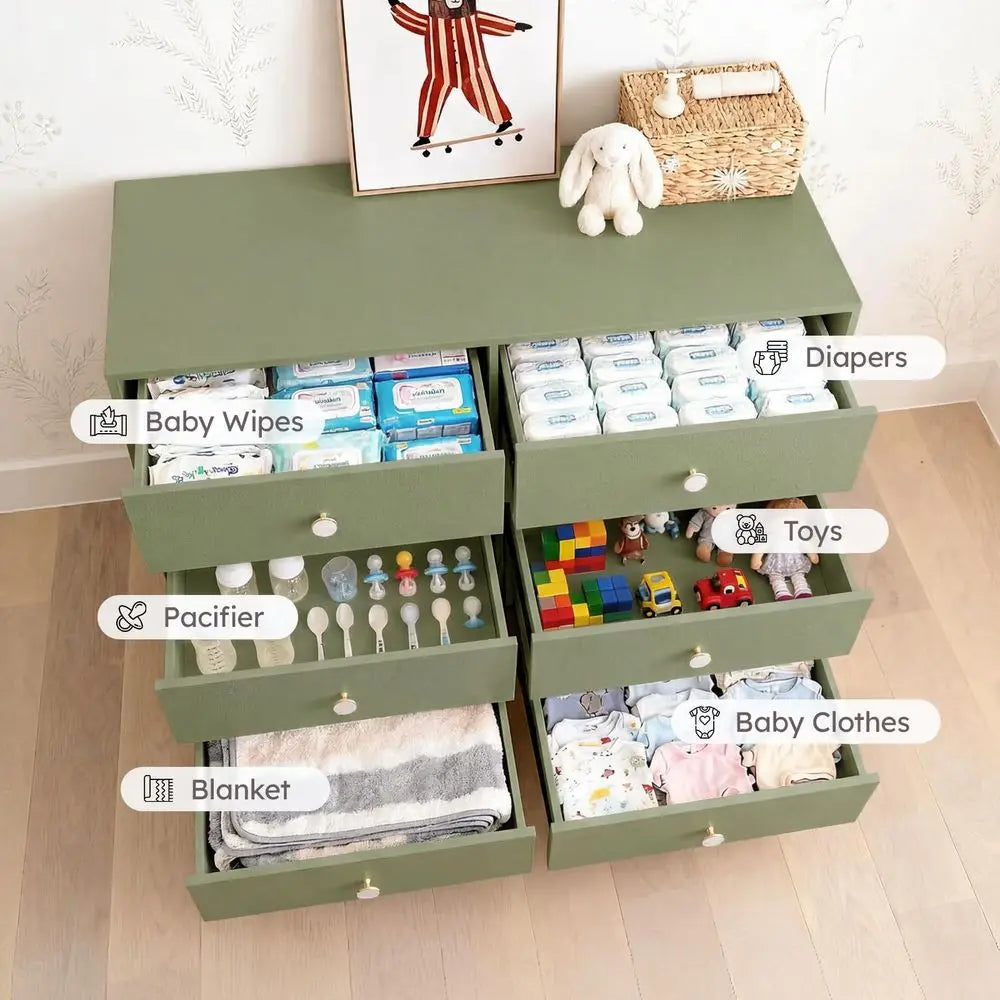 White Baby Dresser 6-Drawer Storage Dresser with Solid Wood Legs for Kids Bedroom Wide Chest Organizer for Baby Clothes Toys Nursery Essentials