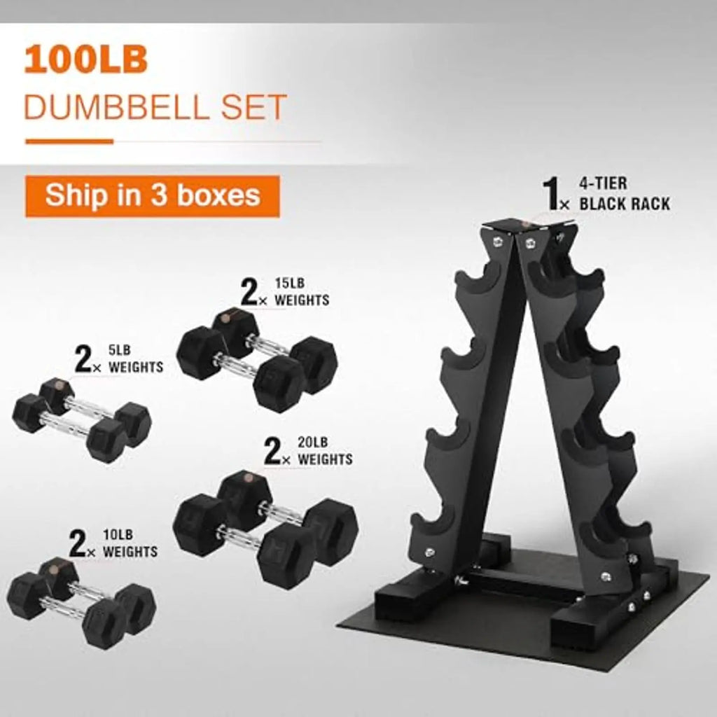Rubber Coated Anti-Slip Grip Dumbbell Set with Storage Rack