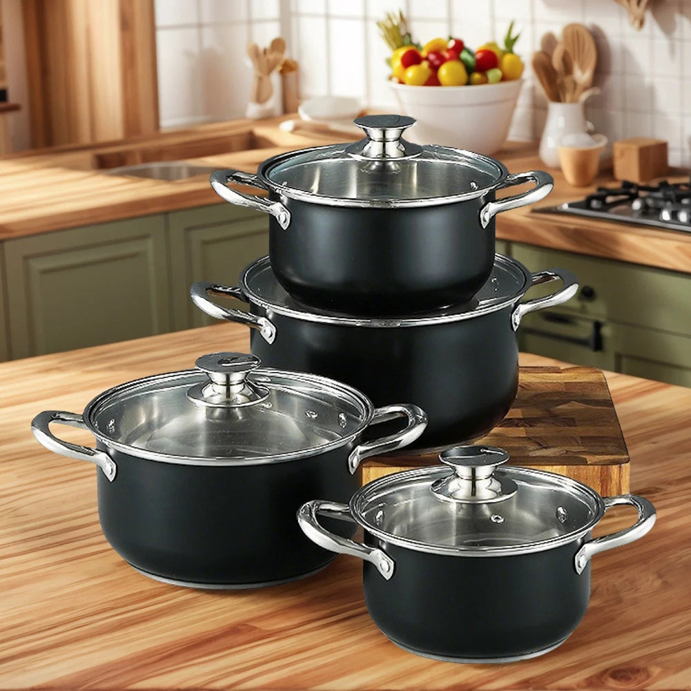 8Pcs Stainless Steel Cookware Set Anti-Scratch Universal Cooking Pot Combination Stockpot Cookware Suit for Soup Cooking Stove