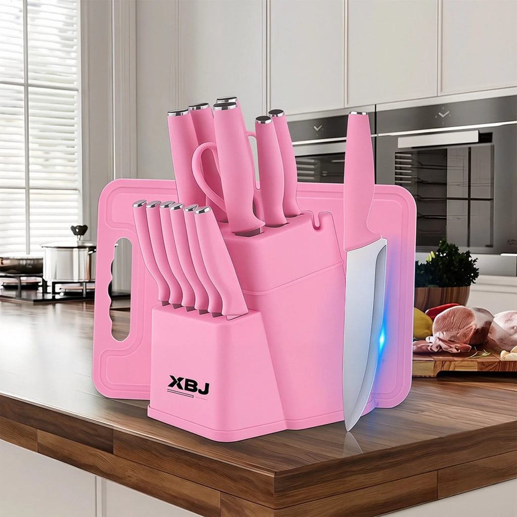 15 Pcs Stainless Steel Kitchen Knife Set with Block & Cutting Board