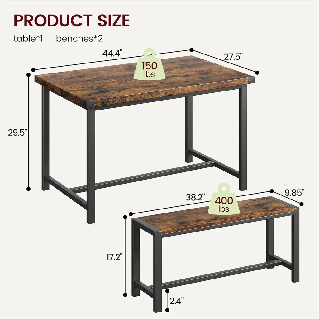 Rectangular Dining Table Set for 4, with 2 Metal Wood Benches