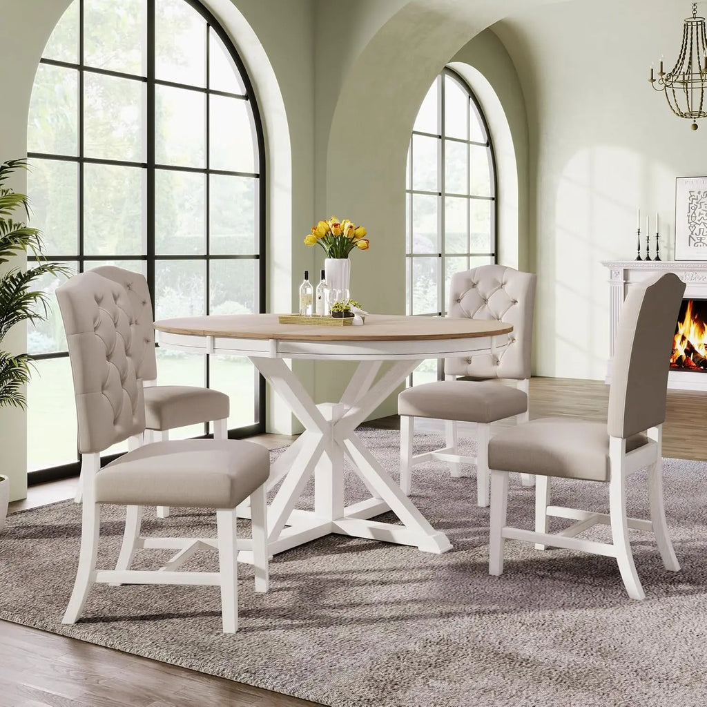 5-Piece Solid Wood Extendable Round Kitchen Table Set with 4