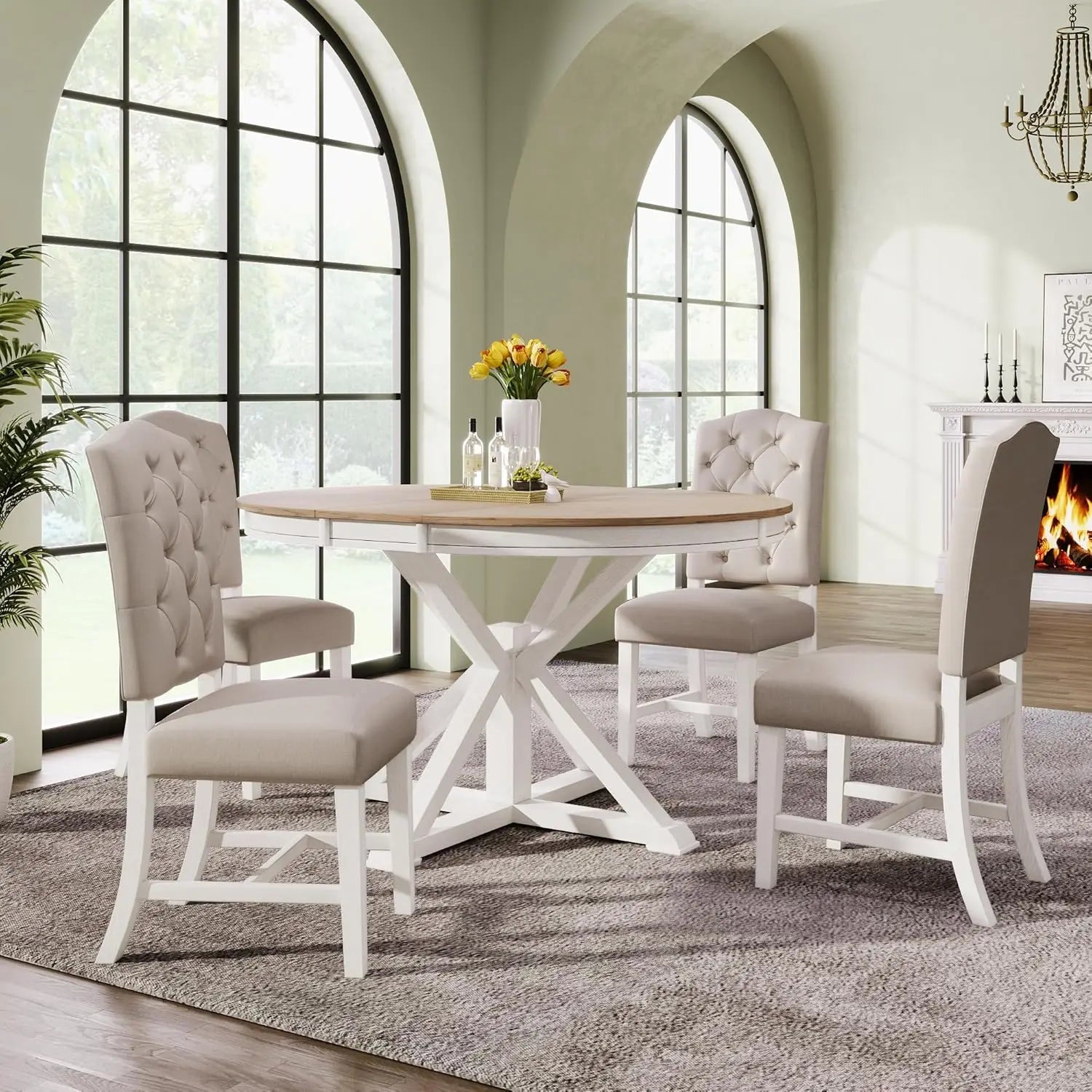 5-Piece Solid Wood Extendable Round Kitchen Table Set with 4