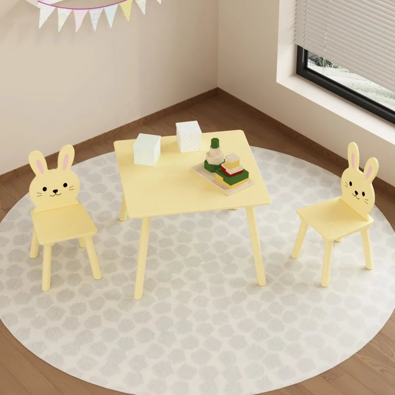 Cream Yellow Wooden Activity Table with 2 Bunny Chairs for Toddlers