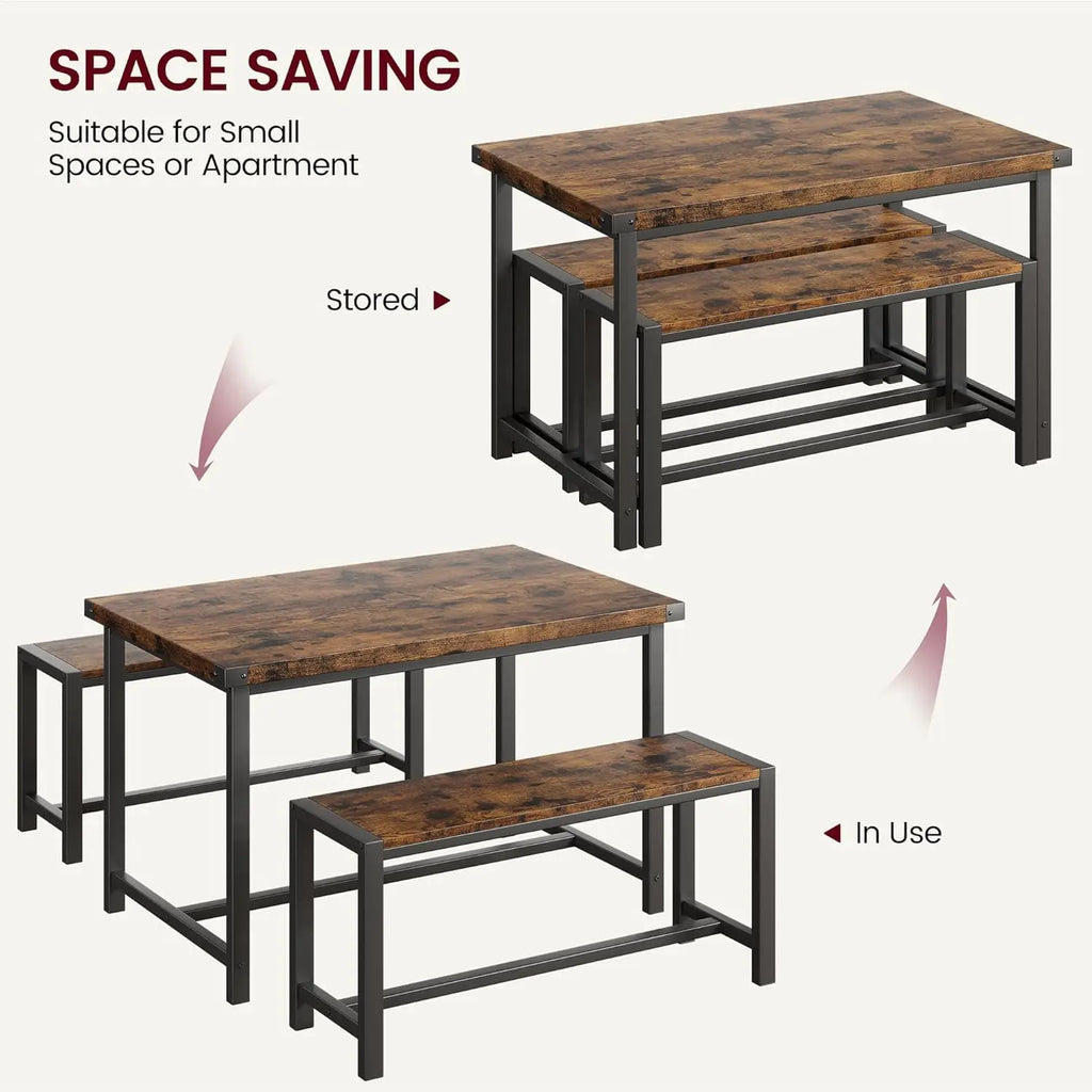 Rectangular Dining Table Set for 4, with 2 Metal Wood Benches