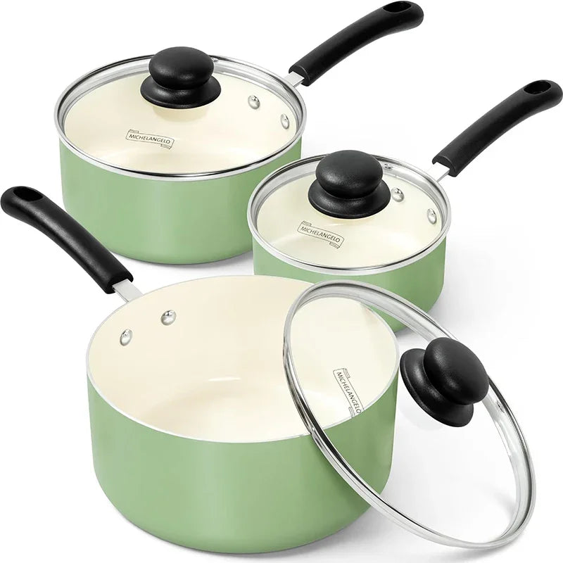 Nonstick Sauce Pan Set with Lid Ceramic Coating Small Saucepan