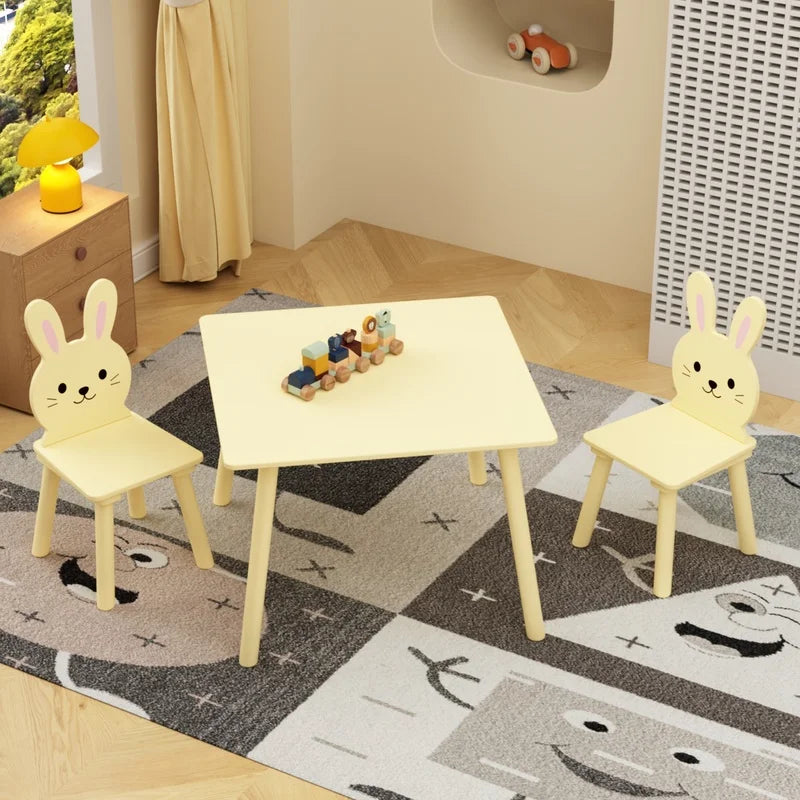 Cream Yellow Wooden Activity Table with 2 Bunny Chairs for Toddlers
