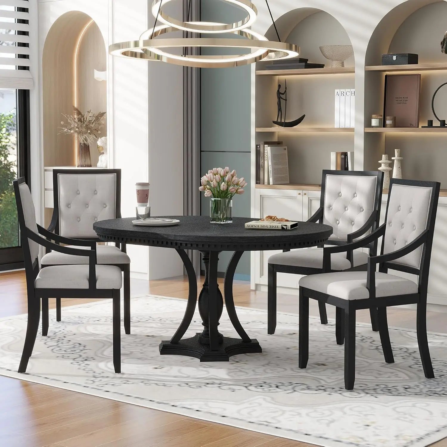5-Piece Solid Wood Extendable Round Kitchen Table Set with 4
