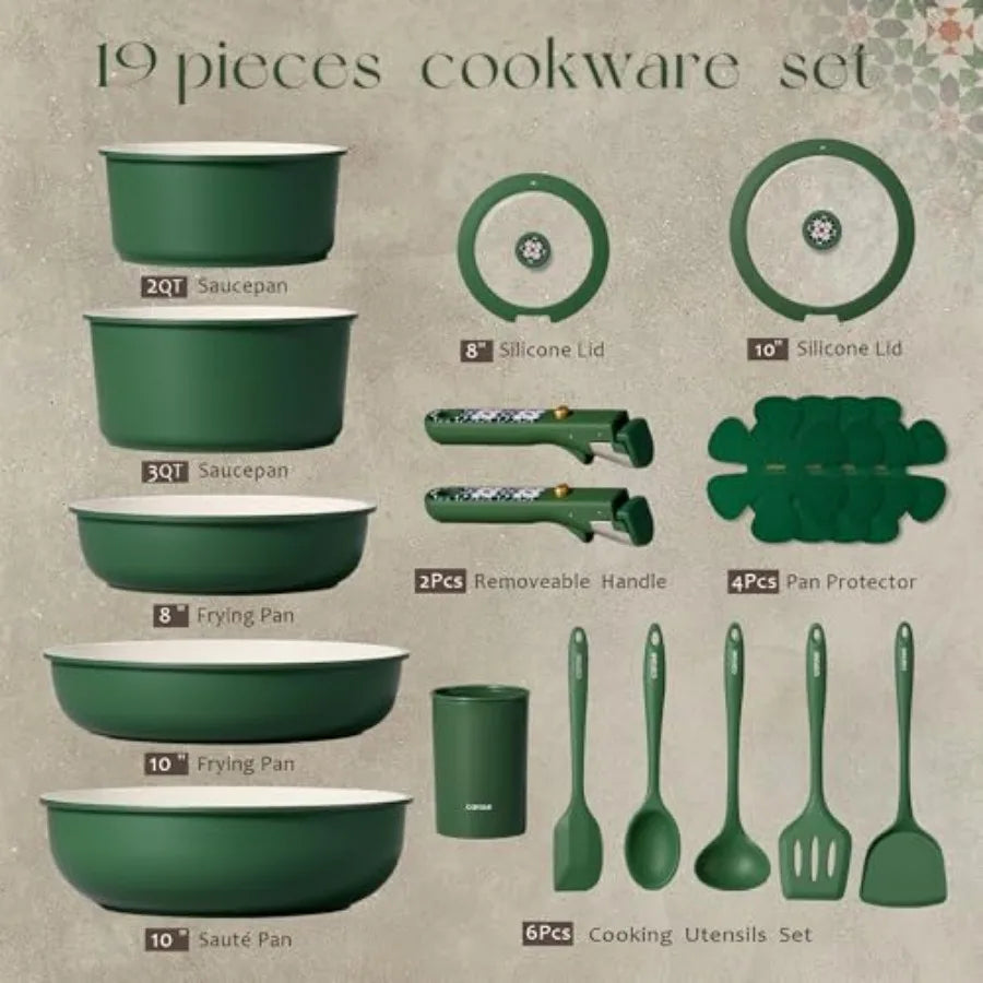 Ceramic Cookware Set, Pots and Pans Set Nonstick, Non-Toxic Cookware Detachable Handle
