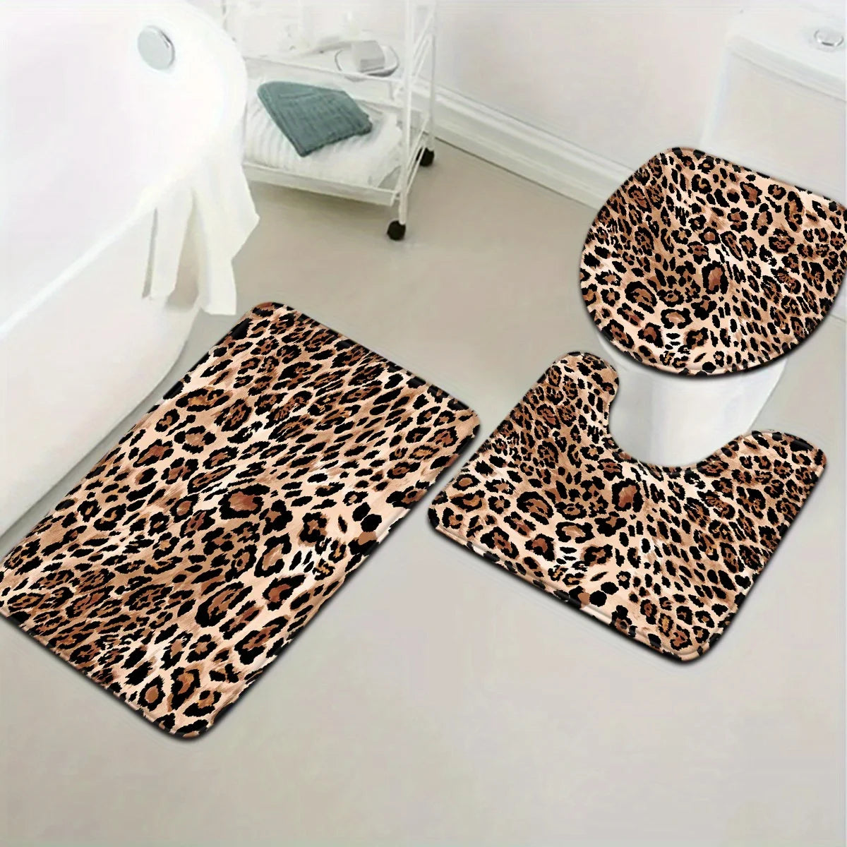 Leopard Pattern Bathroom Mat Set Anti Slip Water Absorbing Quick Drying Shower Room Carpet Toilet Floor Mat
