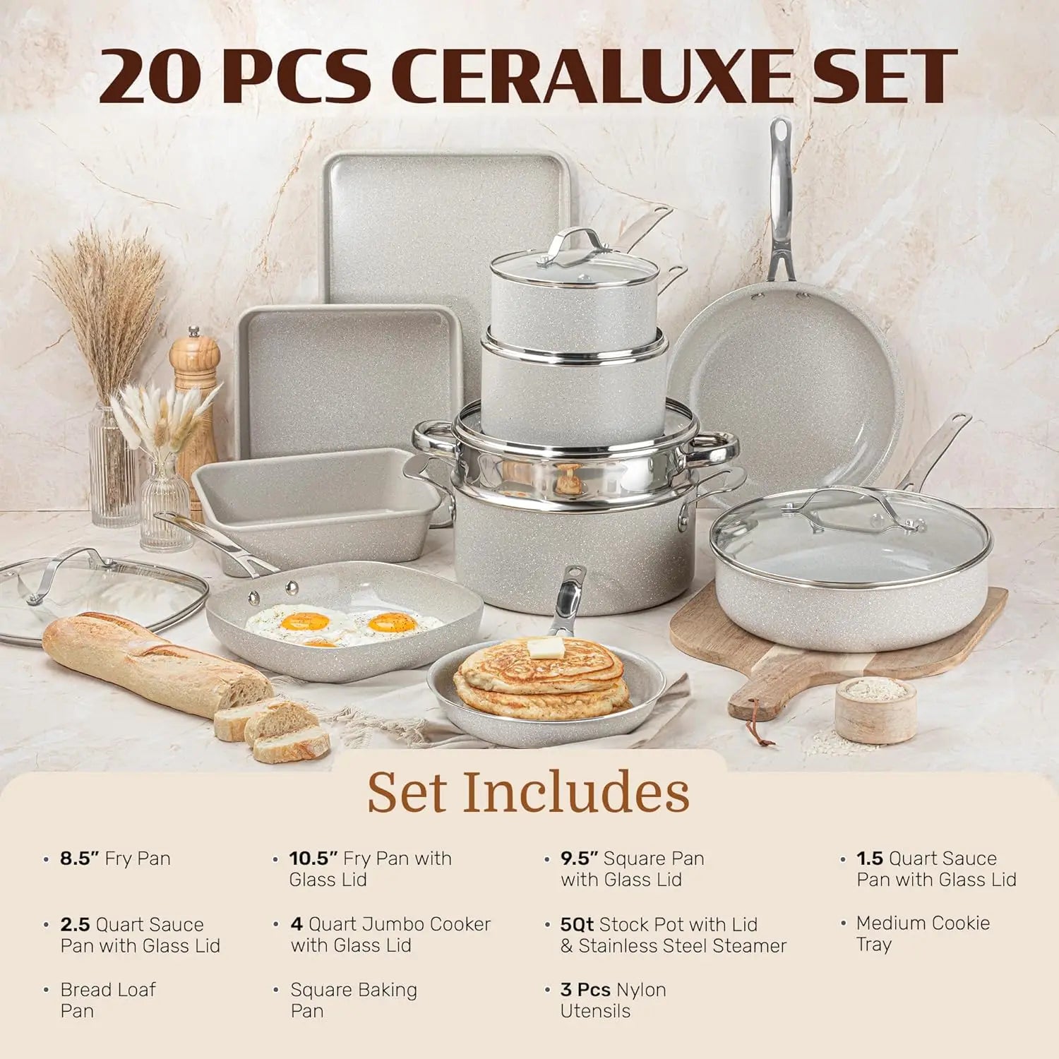20 Pc Ceramic Nonstick Cookware Set, Complete Pots and Pans with Bakeware