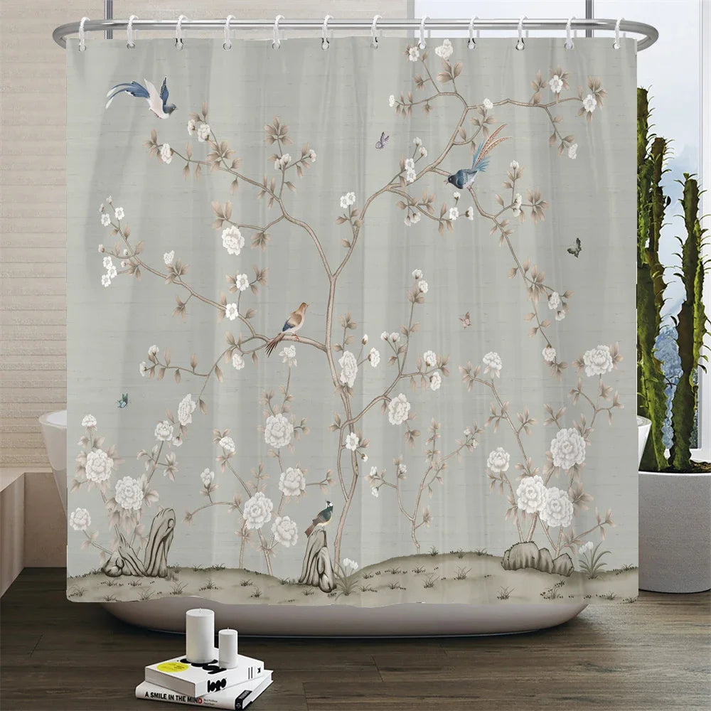 Chinese Style Flower and Birds Tree Shower Curtains
