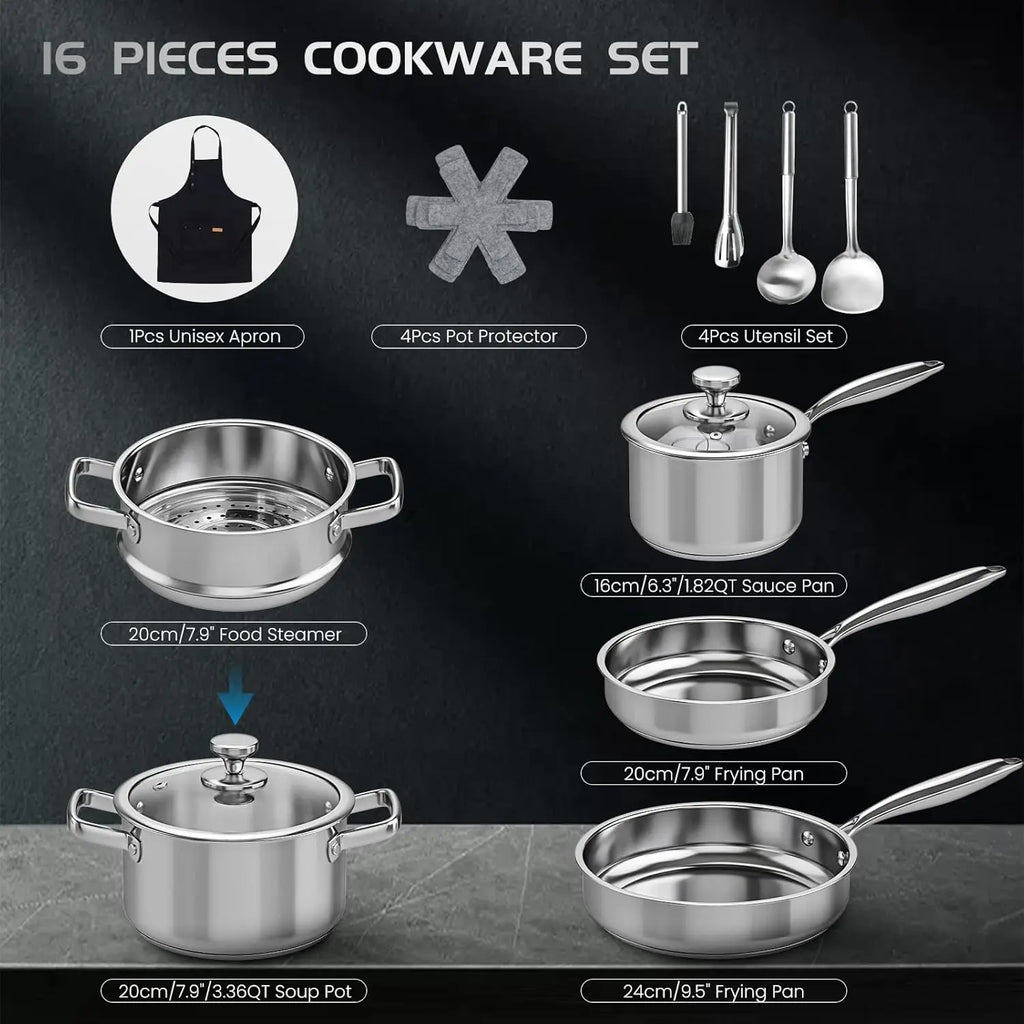 16PCs Stainless Steel Cookware Set with Steamer
